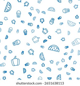 Set line Bell pepper, Watermelon and Ice cream in waffle on seamless pattern. Vector