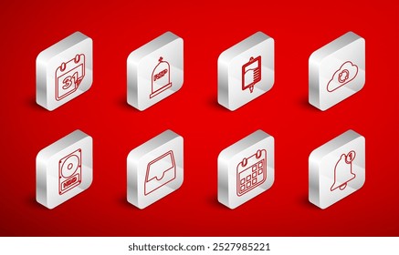 Fije la línea Bell, Tombstone con RIP escrito, bolsa IV, actualización de sincronización de la nube, calendario, bandeja de entrada de redes sociales e icono de disco duro. Vector