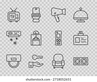 Set line Chapéu Bellboy, Saída elétrica, Secador de cabelo, chave de bloqueio da porta do hotel, TV Retro, Elevador, Poltrona e ícone do distintivo de identificação. Vetor