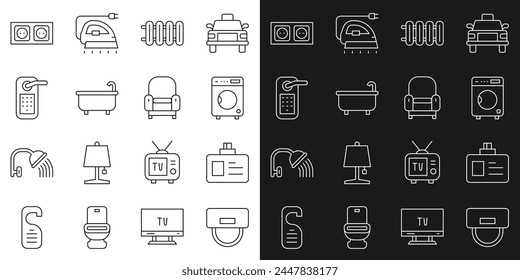 Set line Bellboy hat, Identification badge, Washer, Heating radiator, Bathtub, Digital door lock, Electrical outlet and Armchair icon. Vector