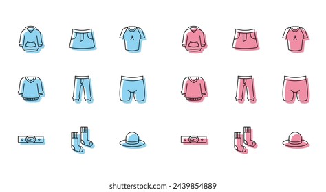 Set line Belt, Socks, Hoodie, Man hat, Pants, Cycling shorts, Sweater and Skirt icon. Vector