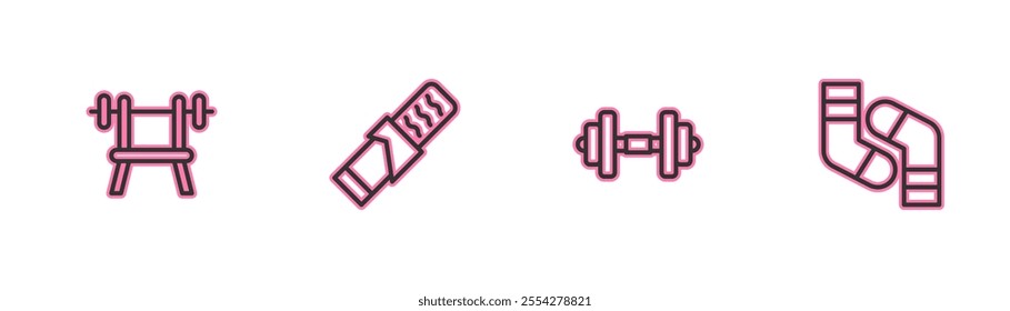 Set line Bench with barbell, Dumbbell, Protein sport and Socks icon. Vector