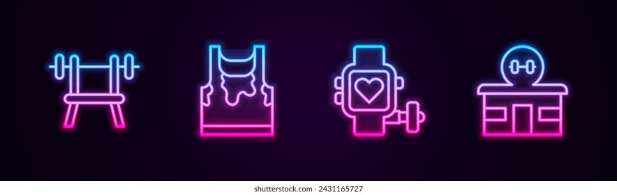 Set line Bench with barbell, Sweaty sleeveless t-shirt, Smart watch heart and Gym building. Glowing neon icon. Vector