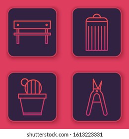 Set line Bench, Cactus and succulent in pot, Trash can and Gardening handmade scissors. Blue square button. Vector