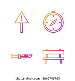 Ajuste el banco de línea, el cuchillo de acampada, el signo de exclamación en triángulo y la brújula. Iconos de color degradado. Vector