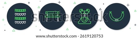 Set line Bench, Costume for women dirndl, Carnival garland with flags and Sausage icon. Vector
