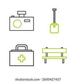 Set line Bench, First aid kit, Shovel and Photo camera icon. Vector