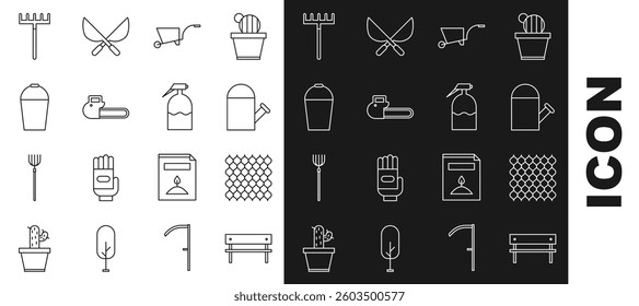 Set line Bench, Garden fence wooden, Watering can, Wheelbarrow, Chainsaw, Bucket, rake and sprayer icon. Vector