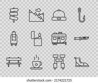 Set line Bench, Hiking boot, Beanie hat, Coffee cup, Road traffic signpost, Lighter, Binoculars and Camping knife icon. Vector