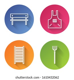 Set line Bench, Kitchen apron, Wooden staircase and Garden pitchfork. Color circle button. Vector
