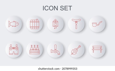 Set line Bench, Lederhosen, Retro wall watch, Violin, Fish, Wooden barrel, Pack of beer bottles and Beer tap icon. Vector