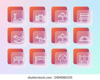 Set line Bench, Playground kids bridge, Sandbox with sand, Mushroom house, Seesaw, Bumper car and Swedish wall icon. Vector