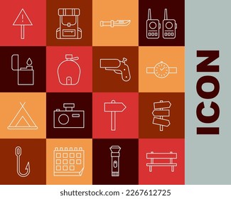 Set line Bench, Road traffic signpost, Wrist watch, Camping knife, Canteen water bottle, Lighter, Exclamation mark triangle and Flare gun pistol icon. Vector
