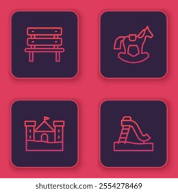 Set line Bench, Sand castle, Horse in saddle swing and Kid slide. Blue square button. Vector