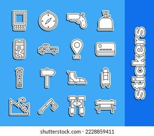 Set line Bench, Suitcase, Credit card, Flare gun pistol, Pickup truck, City map navigation, Open matchbox and matches and Location icon. Vector