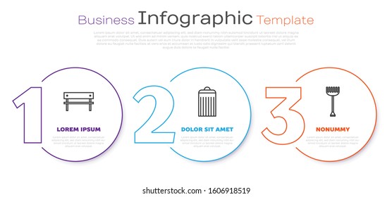 Set line Bench, Trash can and Garden rake. Business infographic template. Vector