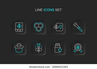 Set line Best bee, Jar of honey, Queen, Beekeeper with protect hat, Beekeeping knife, location, Honeycomb and Book about icon. Vector