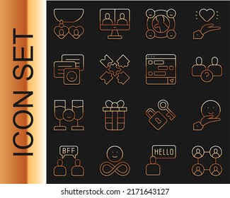 Set Line BFF Or Best Friends Forever, Happy Friendship Day, Complicated Relationship, International Community, Puzzle Pieces Toy, Chat Messages Laptop, Necklace With Heart Shaped And  Icon. Vector