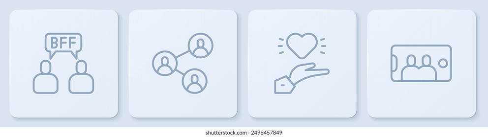 Set line BFF or best friends forever, Pleasant relationship,  and Selfie mobile. White square button. Vector