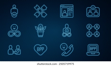 Set line BFF or best friends forever, Dating app online, Friends, Loss of,  and Puzzle pieces toy icon. Vector