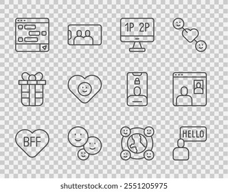 Set line BFF or best friends forever, Computer monitor screen, Happy friendship day, Chat messages laptop, Good relationship, International community and Video chat conference icon. Vector