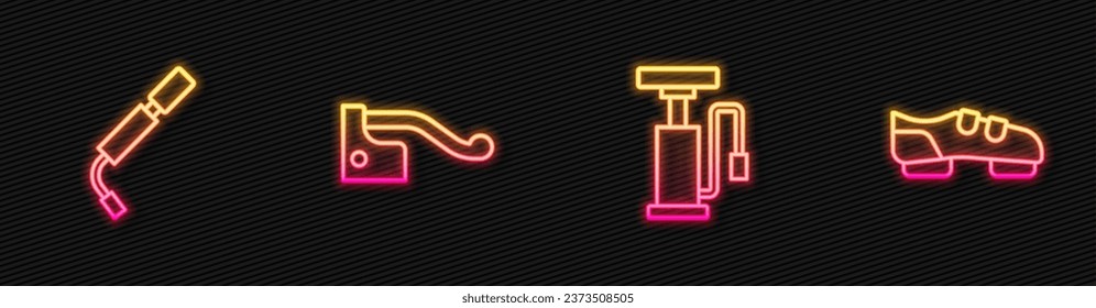 Set line Bicycle air pump, , brake and shoes. Glowing neon icon. Vector