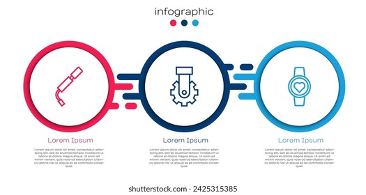 Set line Bomba de aire para bicicleta, trasera de bicicleta Derailleur y reloj Smart. Plantilla de infografía de negocios. Vector