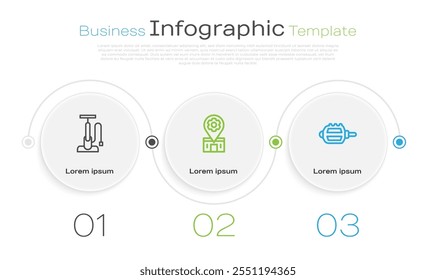 Definir linha Bomba de ar de bicicleta, serviço de reparação e pedal. Modelo de infográfico comercial. Vetor
