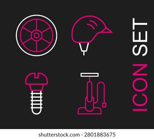 Set line Bicycle air pump, Metallic screw, helmet and wheel icon. Vector