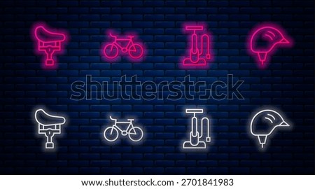 Set line Bicycle, air pump, seat and helmet. Glowing neon icon on brick wall. Vector
