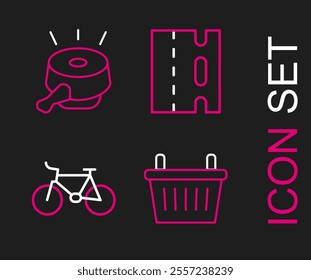 Set line Bicycle basket, lane and bell icon. Vector