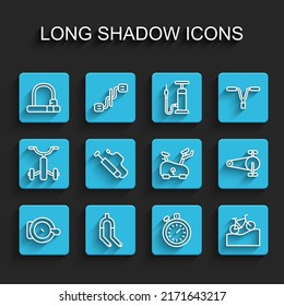 Set line Bicycle bell, fork, lock, Stopwatch, Mountain bicycle, air pump, chain with gear and Stationary icon. Vector