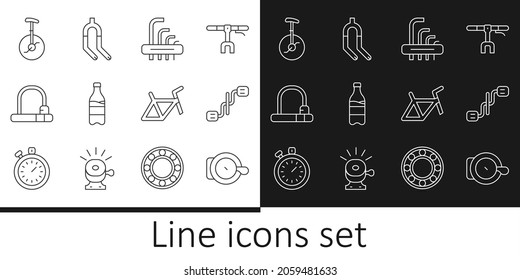 Set line Bicycle bell, pedals, Tool allen keys, Sport bottle with water, lock, Unicycle one wheel bicycle, frame and fork icon. Vector