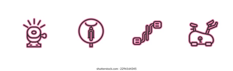 Set line Bicycle bell, pedals,  and Stationary bicycle icon. Vector