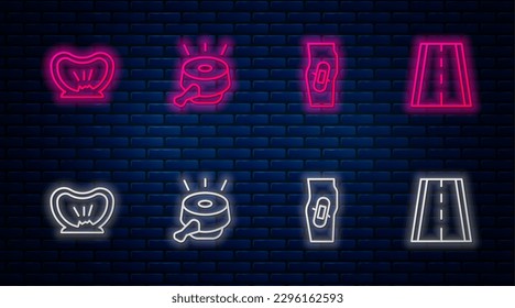 Set line Bicycle bell, Plaster on leg, punctured tire and lane. Glowing neon icon on brick wall. Vector