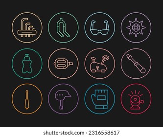 Set line Bicycle bell, Screwdriver, Sport cycling sunglasses, pedal, bottle with water, Tool allen keys, Stationary bicycle and fork icon. Vector