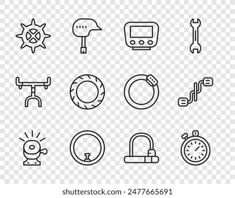 Set line Bicycle bell, Stopwatch, speedometer, wheel, sprocket crank, tire, lock and pedals icon. Vector
