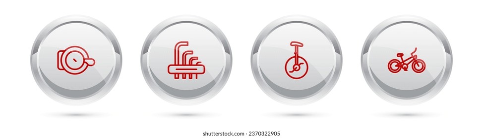 Set line Bicycle bell, Tool allen keys, Unicycle or one wheel bicycle and . Silver circle button. Vector