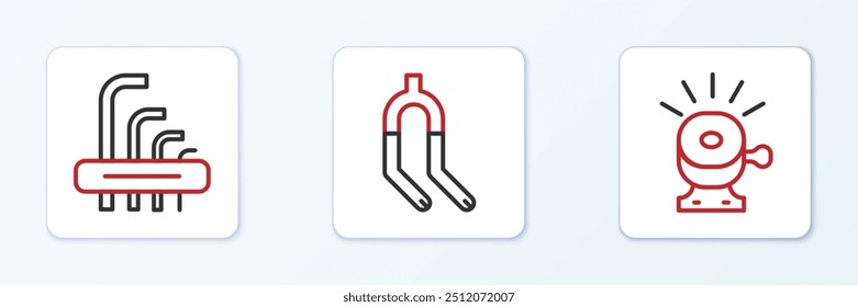 Definir a linha Campainha de bicicleta, Ferramentas alinhar as teclas e bifurcação ícone. Vetor