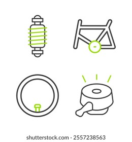 Set line Bicycle bell, wheel, frame and suspension icon. Vector