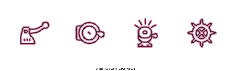 Set line Bicycle brake, bell,  and sprocket crank icon. Vector