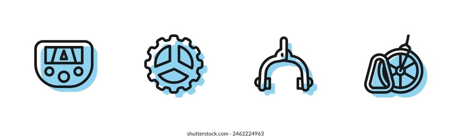 Ajuste la línea Pinzas de freno de bicicleta, dispositivo Gps con mapa, manivela del piñón y el icono de estacionamiento. Vector