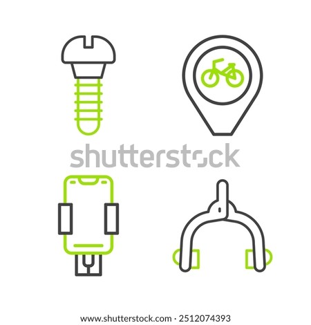 Set line Bicycle brake calipers, Mobile holder, Location with bicycle and Metallic screw icon. Vector