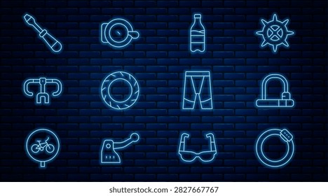 Set line Bicycle brake disc, lock, Sport bottle with water, wheel tire, handlebar, Screwdriver, Cycling shorts and bell icon. Vector