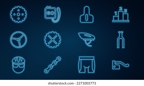 Set line Bicycle brake, fork, seat, sprocket crank, wheel, helmet and Stopwatch icon. Vector