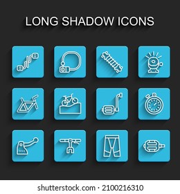 Set line Bicycle brake, handlebar, pedals, Cycling shorts, Mountain bicycle, Stopwatch and  icon. Vector