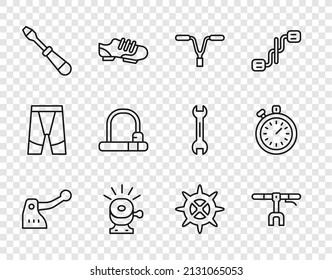 Set line Bicycle brake, handlebar, bell, Screwdriver, lock, sprocket crank and Stopwatch icon. Vector