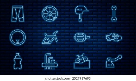 Set line Bicycle brake, shoes, helmet, frame, wheel, Cycling shorts, pedal and  icon. Vector