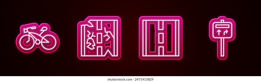 Set line Bicycle, Broken road, Road and traffic signpost. Glowing neon icon. Vector