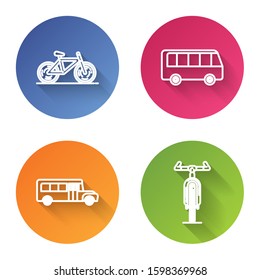 Set line Bicycle, Bus, School Bus and Bicycle. Color circle button. Vector